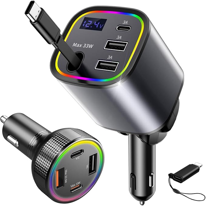 2 Car Charger USB C, AGEMANY 78W Retractable Car Charger with Cable 4in1 & 4 Ports Cigarette Lighter Adapter 85.5w Fast Charging Car Phone Charger for iPhone Android, 12v/24v Car Accessories Gift