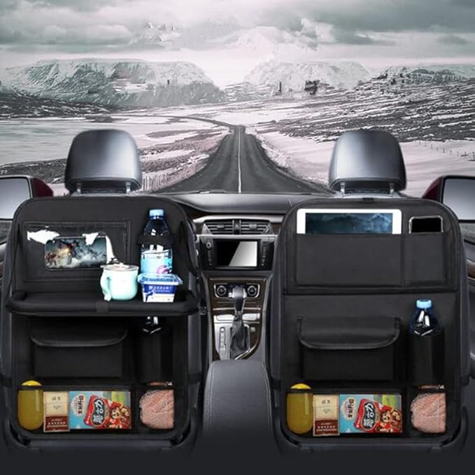 Tumecos Car Seat Back Organizer, 2 Pack Back Seat Organizers and Storage with Touch Screen Tablet Holder, Kick Mats, Back Seat Protector (black)