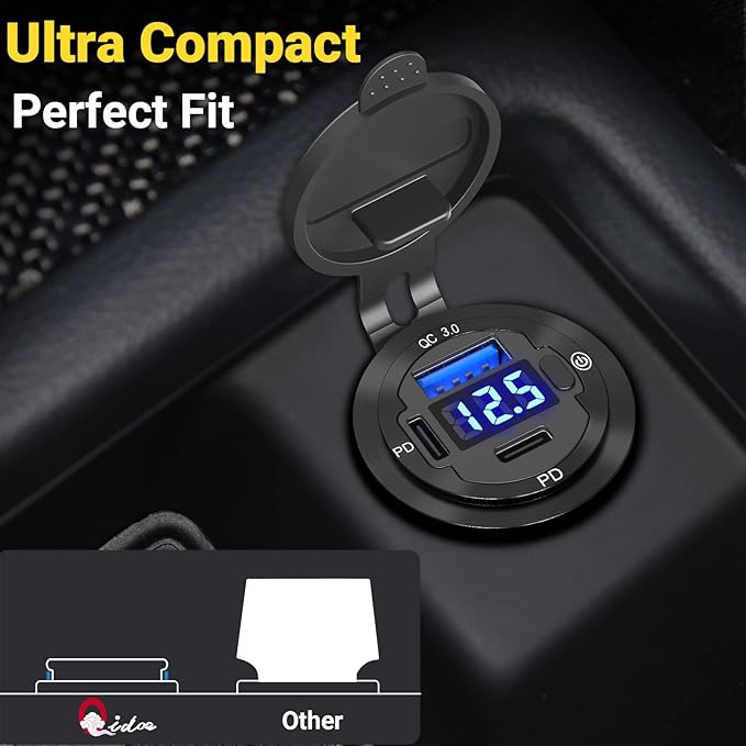 Qidoe 78W 3 Port USB C 12V Outlet Dual PD 30W & 18W USB A Port with Voltmeter Lengthened Aluminum Body Switch Waterproof Car Charger Socket for Car, Boat, Marine, RV