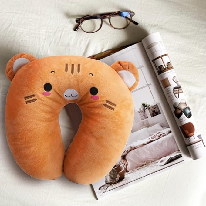 Travel Pillow for Kids, Cute Animal Neck Pillow Support U Shaped Cushion Plush Soft Rest Reading Pillows Sleeping Pillows for Airplane Train Car (Color:Yellow cat)