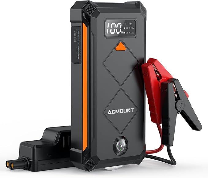 Acmount P110 Car Jump Starter, 6000A Peak Lithium Jump Starter Battery Pack for Up to 10.0L Gas or 8.0L Diesel Engine, Safe 12V Portable Battery Starter Power Pack with LED Screen & LED Light - Orange