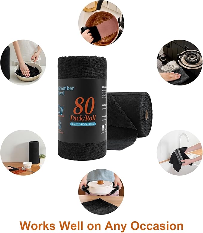 80 Pack Microfiber Cleaning Cloth Roll,Lint Free Rags & Tear Away Reusable Towels Washable Scratch,Ultra Absorbent Dish Rags(12" x 12") for Car Kitchen Home Garage-Black