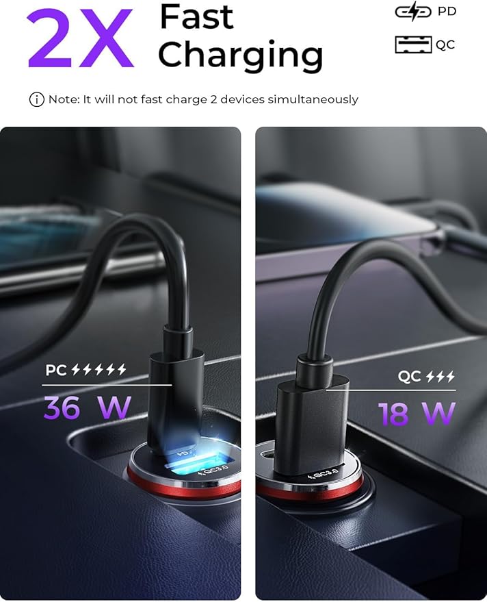 LISEN 2-Pack USB C Car Charger Adapter Fast Charge, 48W All Metal Cigarette Lighter USB Charger for iPhone 15 Smallest Flush Car Charger USB C for iPhone 14 Pro Max 13 12 Galaxy S23/22 iPad Pro-Red