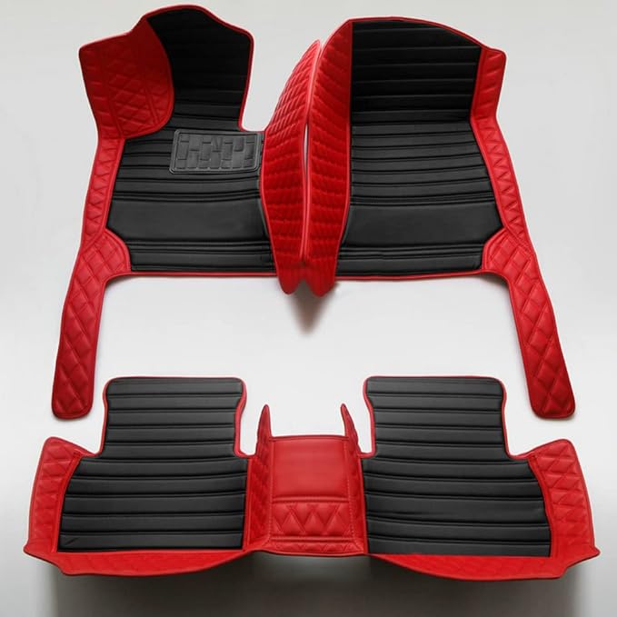 Custom Personalized Car Floor Mats - Luxury Full Coverage All Weather Cars Mats, Anti-Slip Leather Car Mat Set, Custom Floor Mats Fit for 99% of Cars, SUVs & Trucks (Red+Black, D-Diamond+Strip)