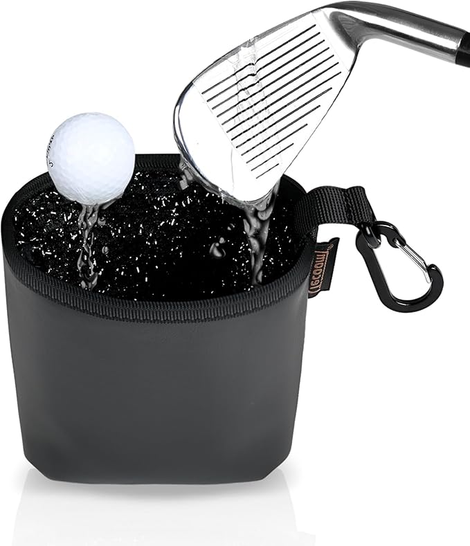 Teccom Golf Club and Ball Cleaning Bag, Golf Cleaner Pouch with Three-Layer Waterproof Fabric Technology, Microfiber Layer, Neoprene, PU Leather Exterior, Detachable Clip, Golfer Gift