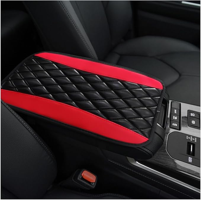 Car Center Console Cushion Pad, 12.6 × 7.48 Inches Waterproof Car Armrest Seat Box Cover, PU Leather Armrest Cover Protector for Most Vehicle, Universal Car Interior Accessories (Black+Red)