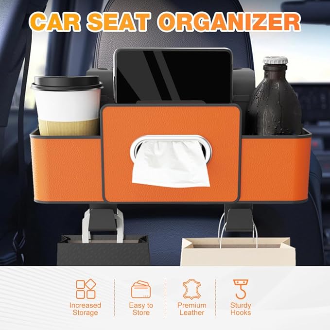 Back Seat Car Organizer,3 in 1 Car Backseat Storage Box with Cup Holder,Tissue Box,Trash Bin&Hooks,Multifunctional Waterproof Storage for Hold Phones Snacks Drinks Handbags (1, Black)