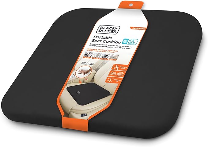 BLACK+DECKER Car Seat Cushion with Memory Foam – Ice Silk Portable Driver & Car Seat Pad for Pain Relief – Non-Slip Back, Washable Cover – Office Chair, Wheelchair, Travel Use, Black