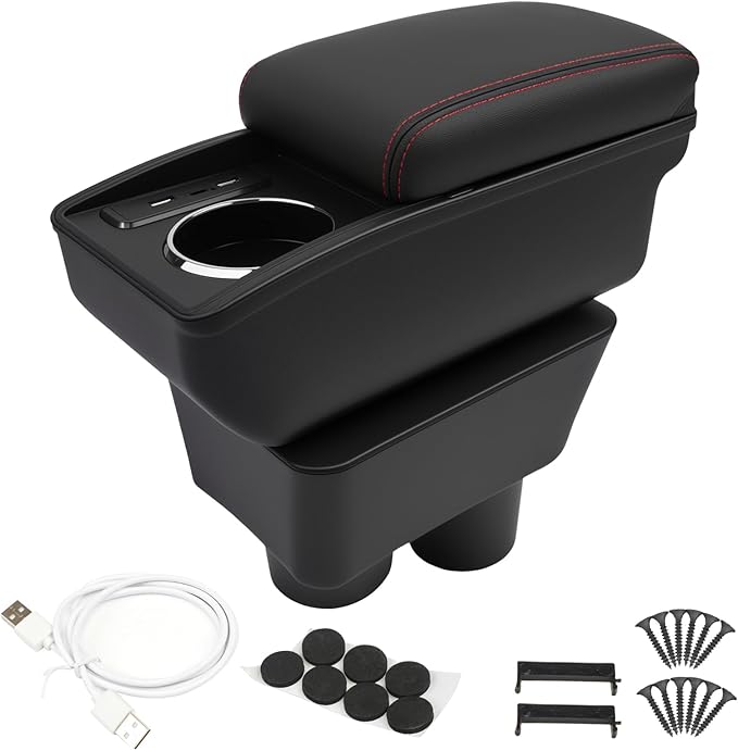 Car Armrest Storage Box Compatible with Nissan Almera Versa 2012-2019 Double Layer with 6 Ports and Cup Holder Car Interior Accessories Red Thread