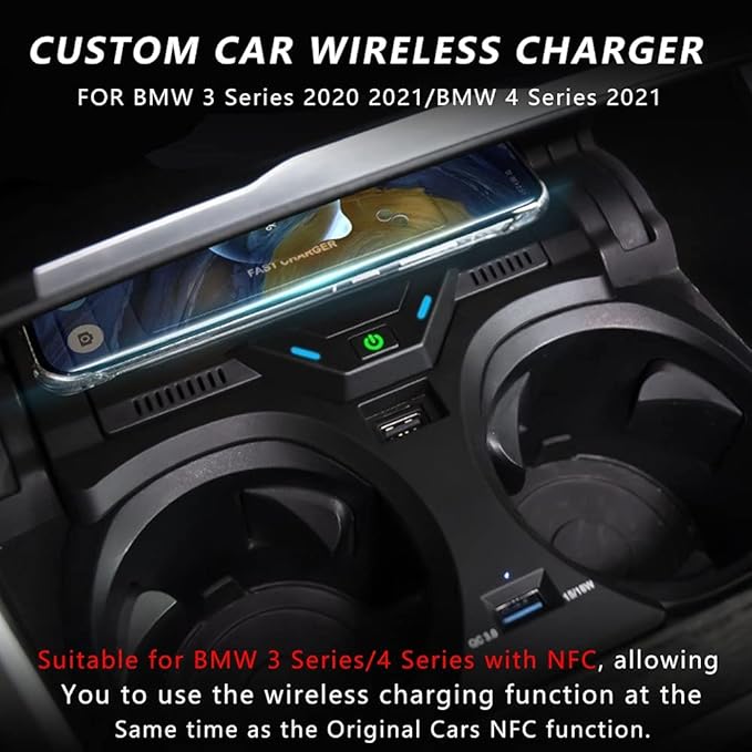 Wireless Car Charger Compatible with BMW 3 Series G20 2020 2021 BMW 4 Series G22/G23/G26 2021 Support Original Car with NFC BMW Center Console Accessory Panel 15W Fast Phone Charging Pad