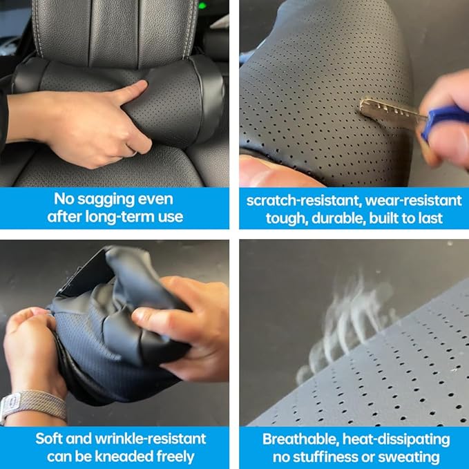 Car Neck Pillow, headrest, Cushion. Three-Point fit to the Neck Curve, Stable Support for the Cervical Spine, relieves Neck Soreness. Perforated PU Leather with high Breathability, Durable 1P（Black）