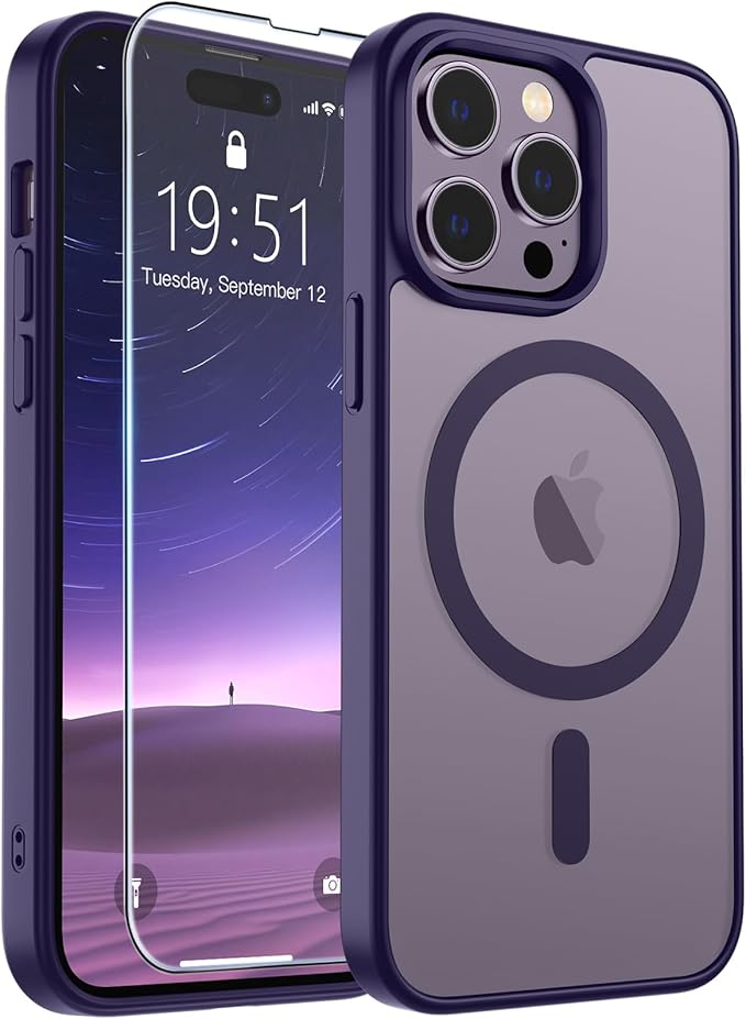 SUPFINE Magnetic for iPhone 14 Pro Case (Compatible with MagSafe) (Military Grade Drop Protection) Translucent Matte Shockproof Phone Case, Dark Purple