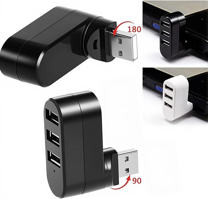 USB Port Splitter, USB 3 Port Compact Portable Rotatable HUB, USB Hub Dock [90°/180° Degree Rotatable] for PC Laptop Notebook and More - Black