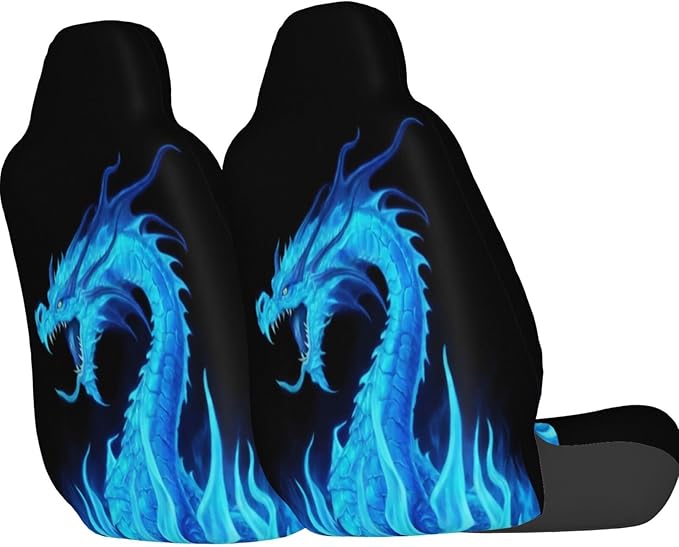 Delerain Car Seat Covers Set 2Pcs, Fire Blue Dragon Universal Front Car Seats Vehicle Enterior Protector Suitable Fits Most Car Auto SUV Sedan Truck