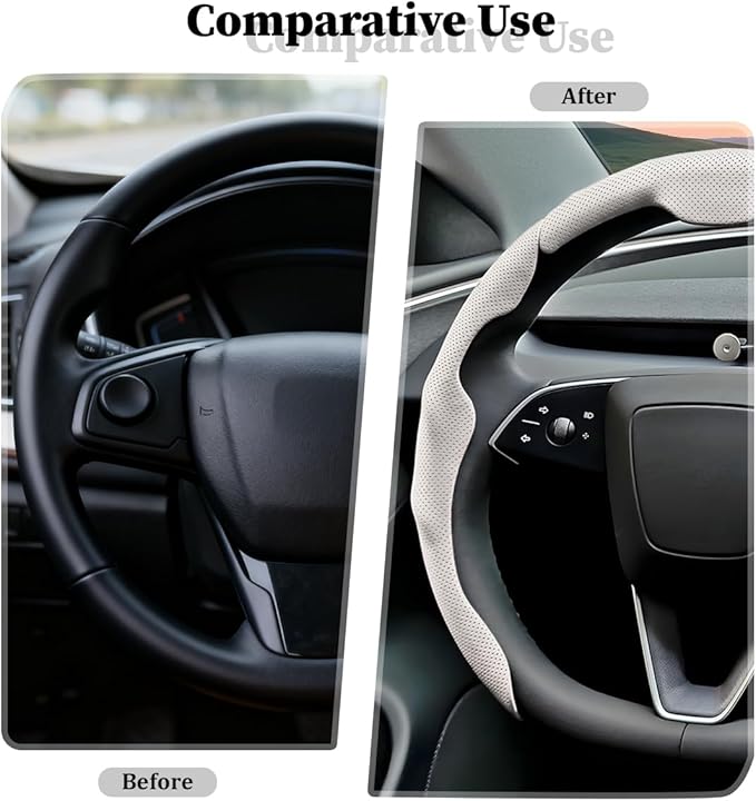 3PCS Car Steering Wheel Cover, Nappa Leather Breathable Non-Slip Segmented Steering Wheel Protector, Snap-on Auto Interior Decoration Accessories, Universal Fit (White)