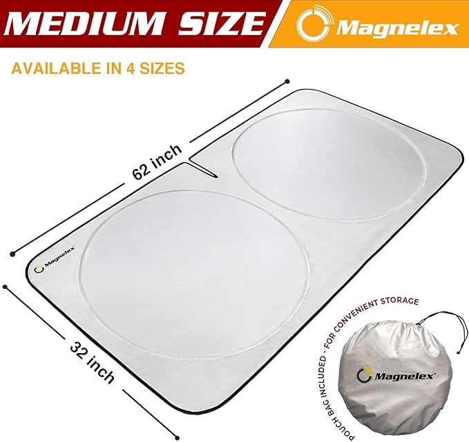 Magnelex Car Windshield Sunshade - Advanced Light-Blocking Protection, Foldable Sun Shade with Mirror Cut-Out Keeps Your Vehicle Cool, Fit for Cars, Trucks, and SUVs - Medium (62 x 32 in)