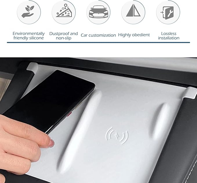 Car Central Control Wireless Charging Mat, Anti-Slip Waterproof Center Console Silicone Pad, Dustproof Phone Charging Protection Mat, Compatible with 2021-2025 Te-SLA Model Y/3 (White)