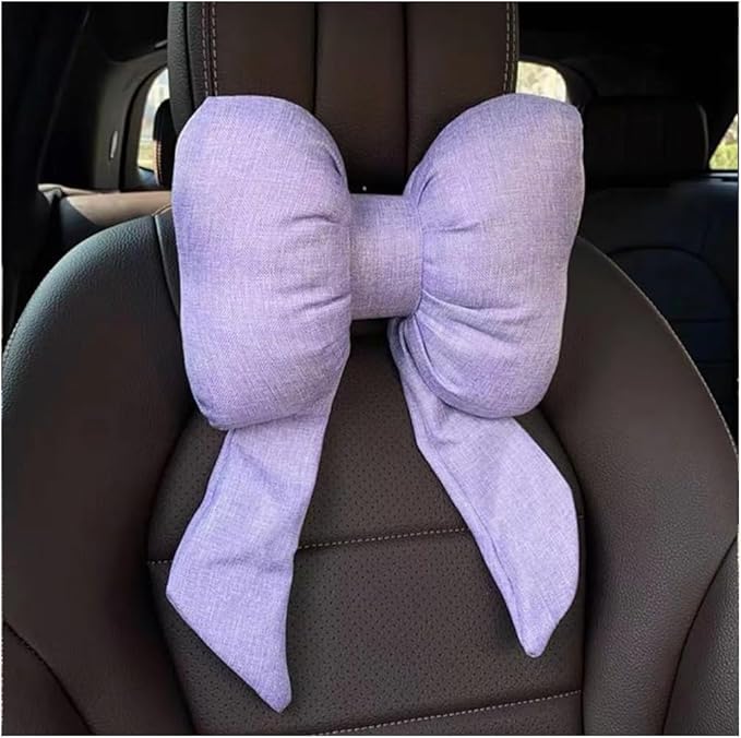 Bow Car Headrest Pillow, Breathable Memory Foam Vehicle Neck Pillow with Adjustable Strap, Ergonomic Auto Neck Support Cushion for Pain Pressure Relief, Universal for Most Cars (Purple)