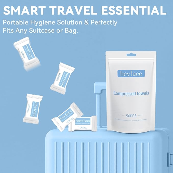 Compressed Towels Tablets (11.8" x11") 50 Bulk Set Disposable Compressed Washcloths for Travel & Camping, Soft Compressed Face Towel with Waterproof Case for Daily Use & Camping Essentials