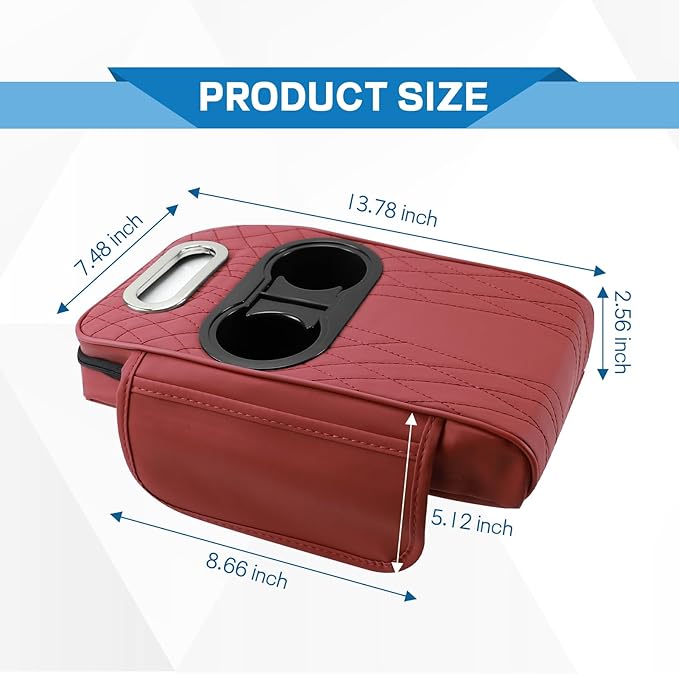 wuyaoyao Car Center Console Armrest Pillow, 13.78"×7.48"×2.56" Leather Arm Rest Cover for Cars, Memory Foam Auto Armrest Cushion Pad with Pocket, Cup Holder & Tissue Box, Car Accessories (Wine Red)