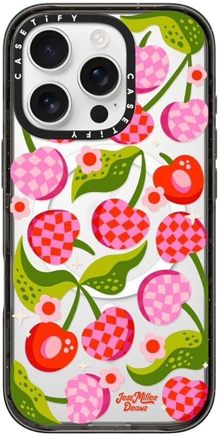 CASETiFY Impact Case for iPhone 16 Pro [Slim / 8.2 ft. 4X Military Grade Drop Protection/Compatible with Magsafe] - Checkered Cherries - Clear Black