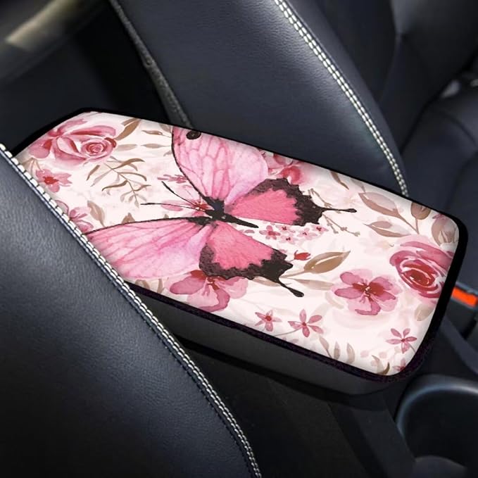 Coldinair Pink Floral Universal Car Center Console Pad Soft Armrest Protector Cover Fit for Most Vehicle,SUV,Truck,Car Interior Accessories Decor,Butterfly