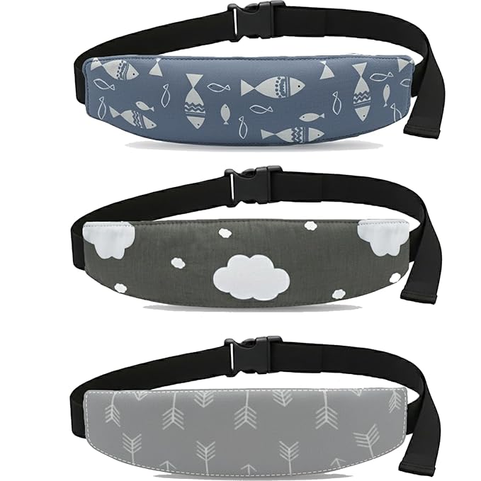 3 Pcs Baby Carseat Head Support,Car seat Straps Pillow Support Ban,Stroller Neck Relief Strap Headrest,Slumber Sling Sleep Positioner for Toddler Infants Child Children Kids(Clouds, Fish, Arrows)