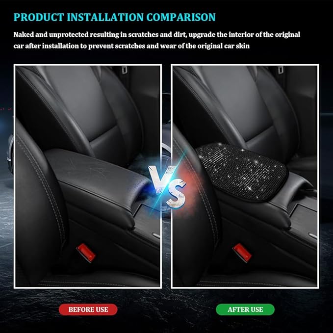 Bling Car Center Console Cover, Car Armrest Cover, Diamond Rhinestone Auto Center Console Cover Protector, Universal Arm Rest Cushion Pads Car Interior Accessories for Vehicles, SUVs (Black)