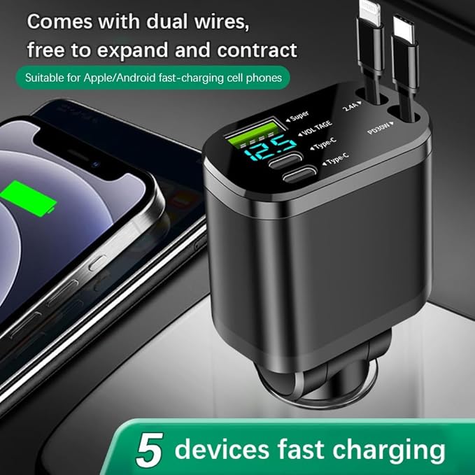 90W Multi-Port Car Charger with Voltage Detection, Super USB-A +2C Fast Charging with Cable L2.4A +PD30W Retractable Cable for iPhone15/16, Compatible with iPhone/Samsung/Android/iPad and More