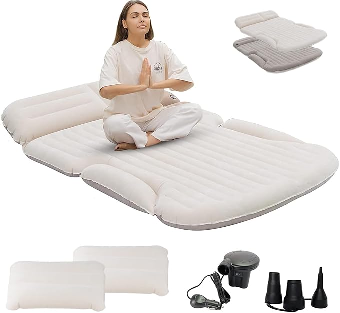 KMZ SUV Air Mattress Thickened and Double-Sided Flocking Travel Camping Bed with 2 Pillows & Pump Dedicated Mobile Cushion Inflatable Bed for SUV Trunk and Rear Seat (Beige and Coffee)