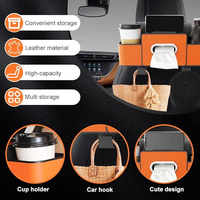 Cars Seat Back Bag, 2025 Upgrade Car Rear Backseat Extra Multifunctional Car Seat Back Storage Box, Multifunctional Car Seat Tissue Organizer with 2 Drink Cup Holder 2 Hooks (Brown)