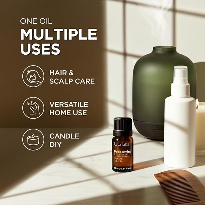 100% Pure Peppermint Essential Oil - 0.34 Fl Oz - Peppermint Oil for Hair, Skin, Diffuser, Aromatherapy & DIY Candle Making Scent