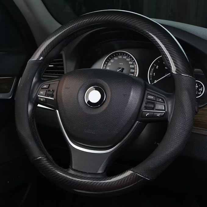 ALEMODR Black Carbon Fiber Leather Steering Wheel Cover Universal 15 inch