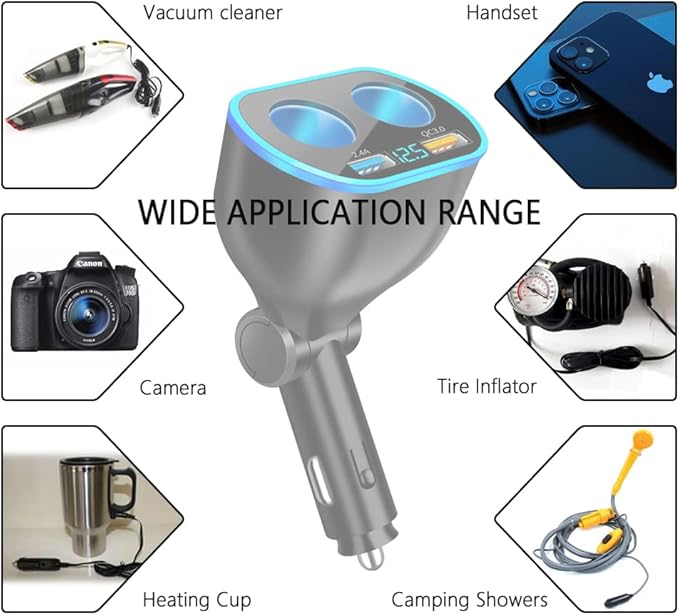 2026 New Upgrade 4 Port Cigarette Lighter Splitter,2.4A&QC3.0 Super Fast Car Charger with Dual Cigarette Lighter Plug with LED Voltmeter Compatible with Mobile Cell Phone Dash Cam GPS (QC+2.4A)