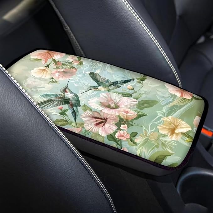 Coldinair Hummingbird Floral Universal Car Center Console Pad Soft Armrest Protector Cover Fit for Most Vehicle,SUV,Truck,Car Interior Accessories Decor,Green