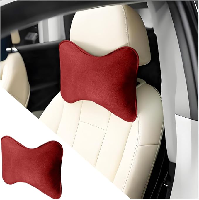 Car Headrest Pillow, Suede Soft Comfortable Breathable Vehicle Seat Neck Support Cushion with Adjustable Strap, Ergonomic Design Auto Head Rest Pad, Universal for Sedan RV Truck (Red)