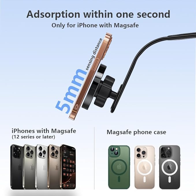 MagSafe Car Mount Charger, 15W Fast Magnetic Wireless Car Charger, Magnetic Phone Holder with 360° Adjustable Mount and Memory Alloy Bendable Arm for iPhone 17/16/15/14/13/12 Series