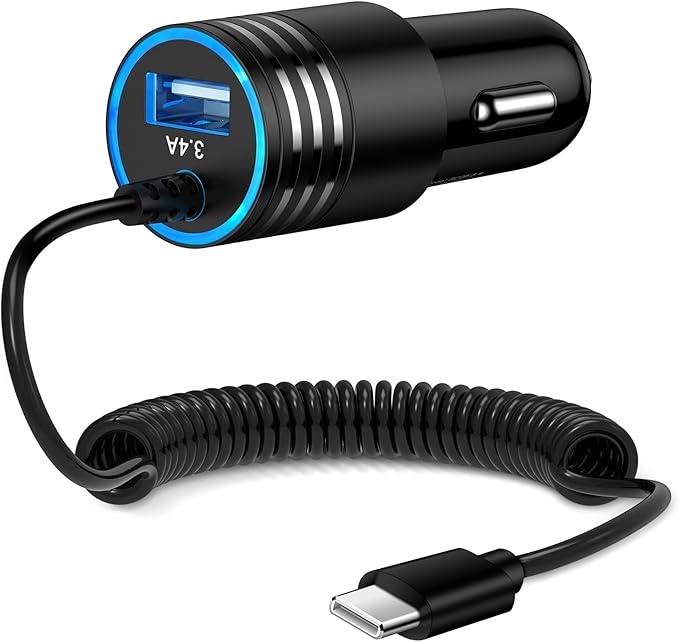Android Car Charger Fast Charging Cord Type C 3.4A USB C Cigarette Lighter Adapter with Coiled Cable for Samsung Galaxy S26 S25 S24 S23 Z Flip 7 6 Z Fold 7 6 5 A57 A37 A17 A16 A35 A25 A15 A54 A14 A53