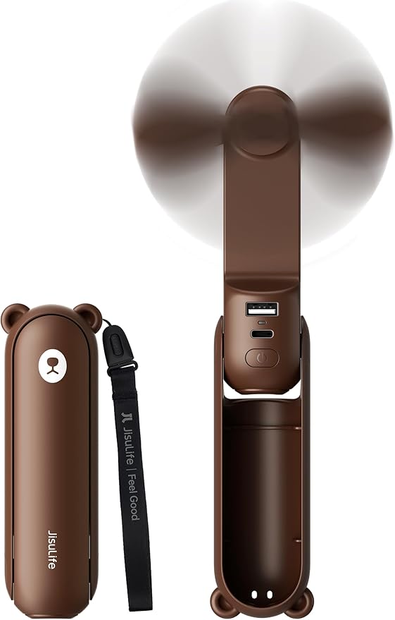 JISULIFE Handheld Mini Fan, 3 IN 1 USB Rechargeable Portable Fan [12-19 Working Hours] with Power Bank, Flashlight, Pocket Design for Travel/Summer/Concerts/Lash, Gifts for Women (Brown)