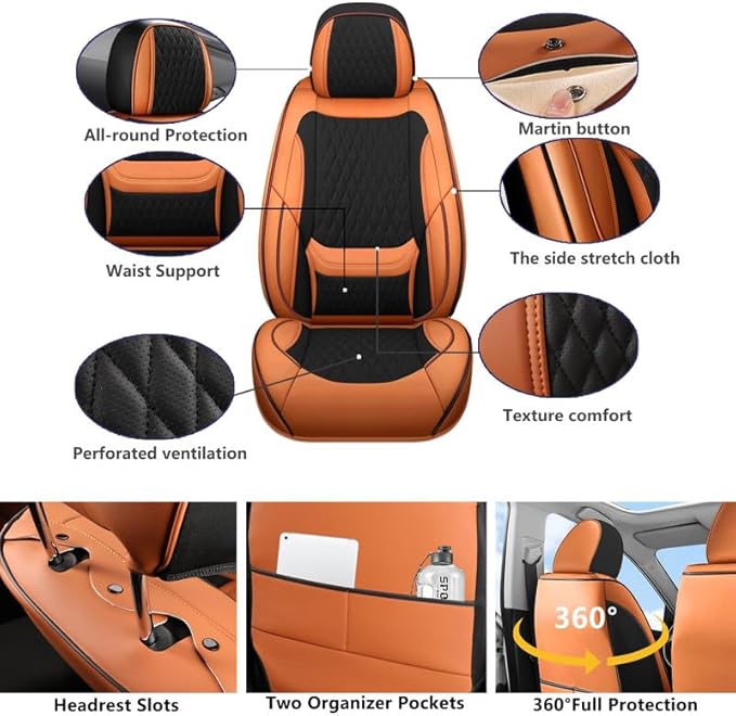 Front Seat Car Seat Covers Custom Fit for Ford Ranger 2000-2026 - Premium Faux Leather with Lumbar Support | Breathable, Waterproof, Anti-Slip, Durable (Black&Brown,Front Seat)