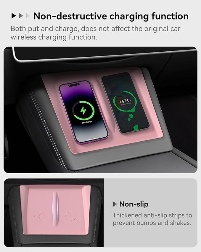 Farmogo Protector Trim Frame for 15.4'' Tesla Model Y & Model 3 Highland 2024-2026 Accessories with Wireless Silicone Charging Mat Screen Edge & Rearview Mirror Protector Frame (3 PCS Pink)