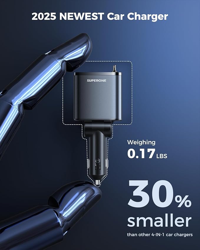 [Upgraded] 4 in 1 Retractable Car Charger, SUPERONE Smaller Fast Car Phone Charger 69W with Cord, USB C and iPhone Car Charger Adapter, Compatible iPhone 17/17 Pro Max/16/15/14/13/12/11, Sumsung