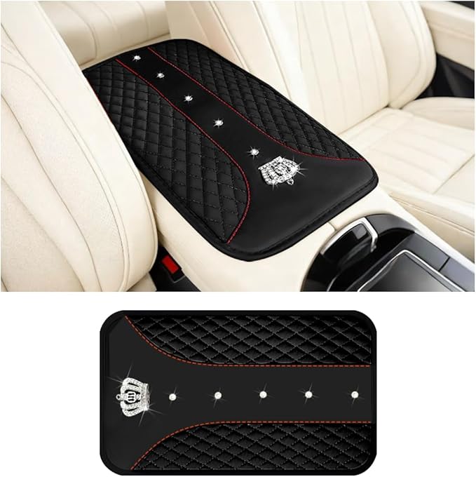 Bling Car Center Console Cover, Crown Crystal Rhinestones Vehicle Armrest Mat Protector, Anti Slip Sparkling Automotive Arm Rest Seat Box Cushion Pad Decor Accessories, Universal Fit (Black)