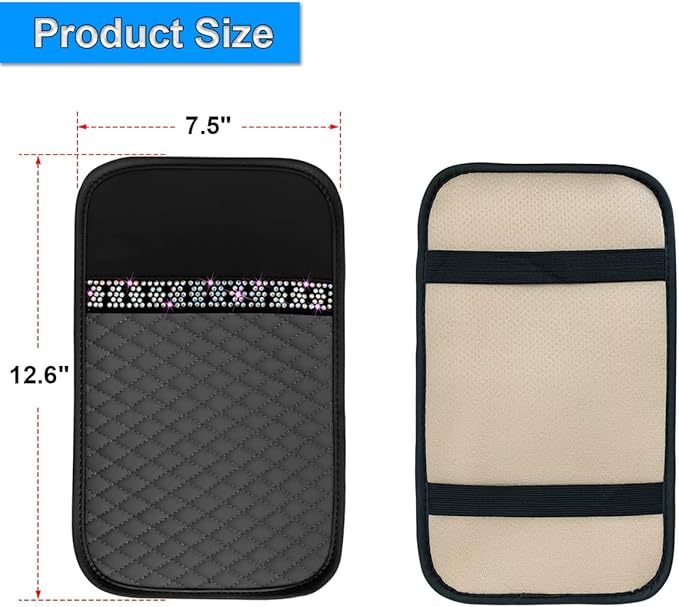 Bling Leather Car Center Console Cover, Car Center Console Protector With Glossy Crystal Rhinestone, Universal Waterproof Car Armrest Seat Box Cover For Most Car, Vehicles, SUVs, Trucks (Gray)