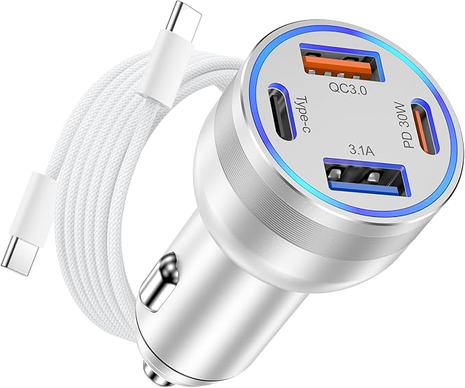 65W iPhone 17/16 Pro Max USB C Car Charger, 4-Port USB-C&USB-A Car Charger Adapter Fast Charging USB C Cigarette Lighter Adapter+6FT Braided Type C Cable for iPhone 17/16/15 Pro Max,iPad