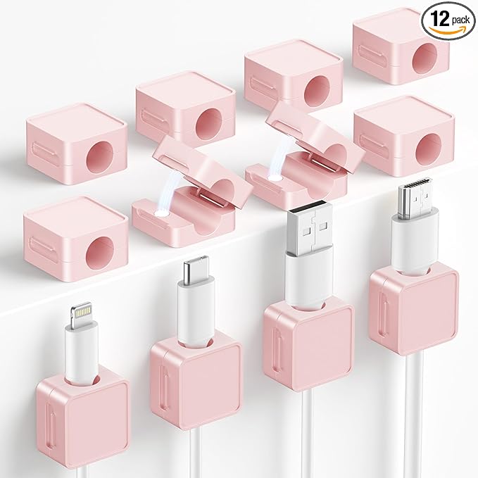 Magnetic Cable Clips 12-Pack Wire Tidy, Magnetic Cable Holder Office Desk Tidy Organizers and Accessories, Wire Management for Home, Wall, Car, Bedside, Pink