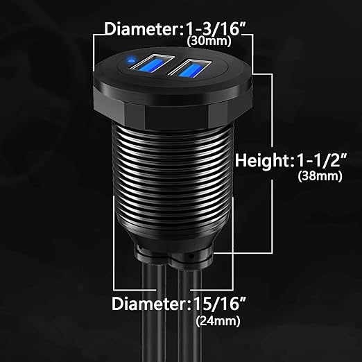 BATIGE Alloy Dual Port USB 3.0 Car Dashboard Flush Mount Cable, Male to Female with LED Indicator Extension Cable for Car Truck Boat Motorcycle Dashboard Panel 1ft