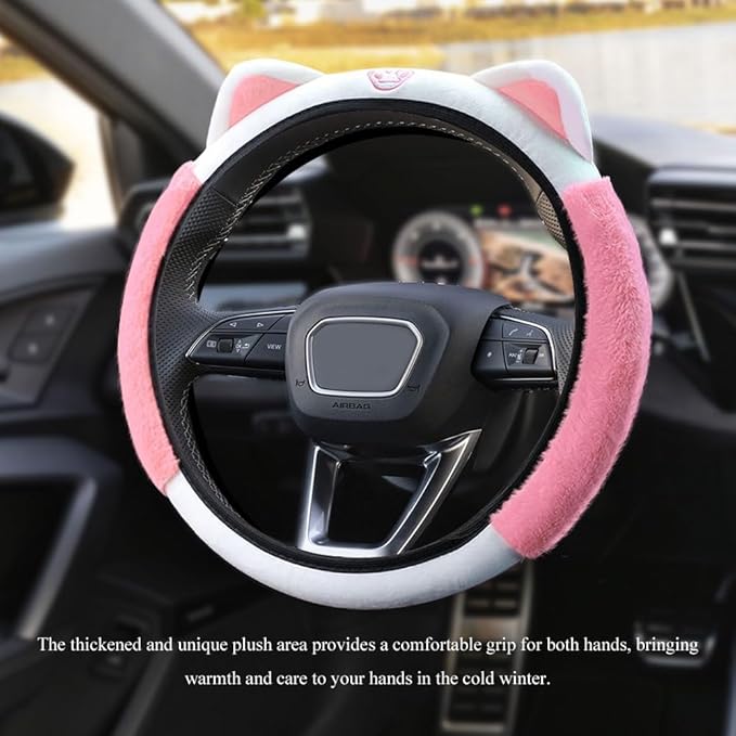 Car Steering Wheel Cover, 15 Inch Fluffy Soft Plush Auto Protector, Anti-Slip Elastic Lovely Car Cover Accessories with Kitty Cat Ears Universal for Most Cars (Fluffy-White+Light Pink)