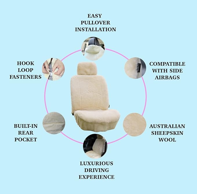 Genuine Sheepskin Seat Cover Lambskin Seat Cover Winter Car Seat Cover Lambs Wool Sheep Skin Fuzzy Shearling Car Accessories Front with Curve Patten (Beige)