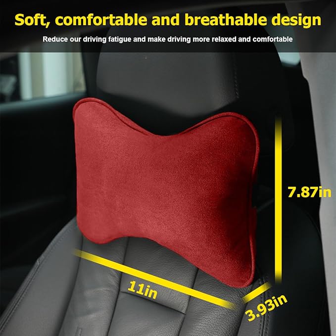 Car Headrest Pillow, Soft Comfortable Breathable Memory Foam Ergonomic Design Automotive Neck Pillow Cushion with Adjustable Strap for Neck Pain Pressure Relief, Universal Fit（Red）